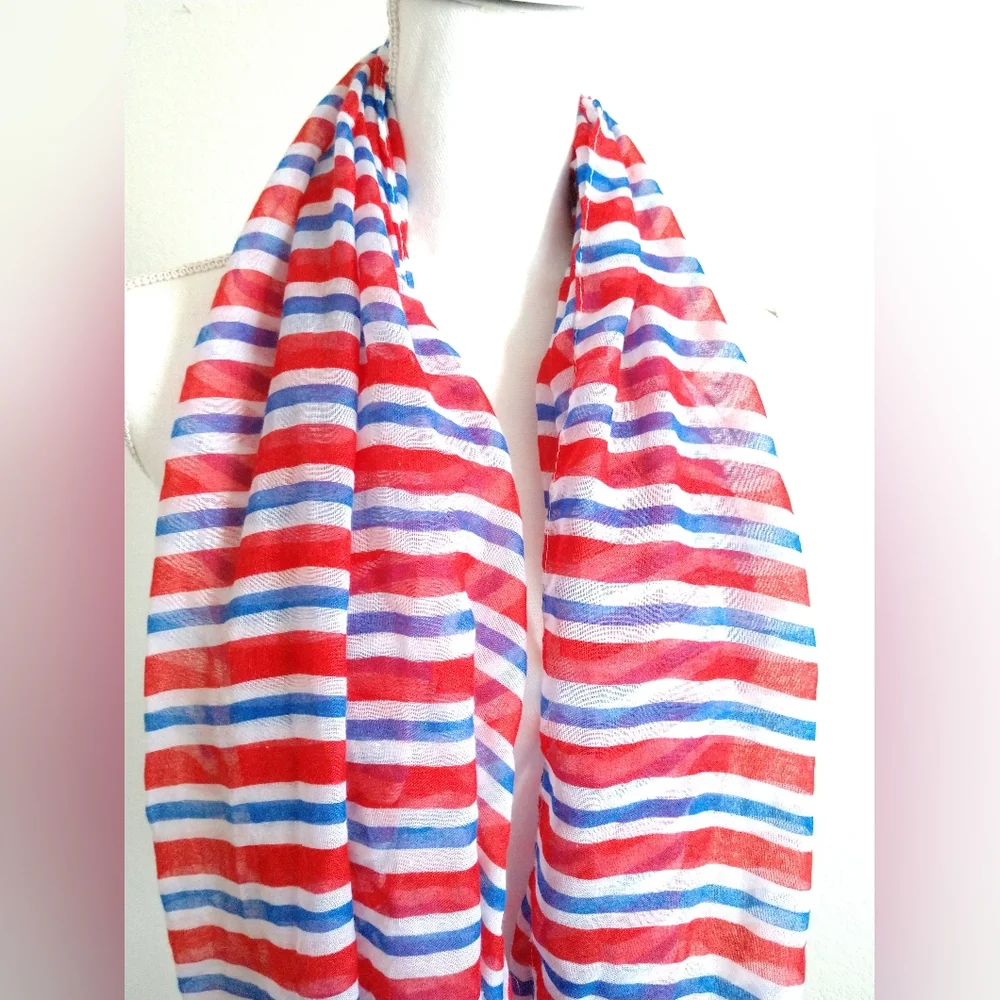 Red White Blue Striped Infinity Scarf Gauze
